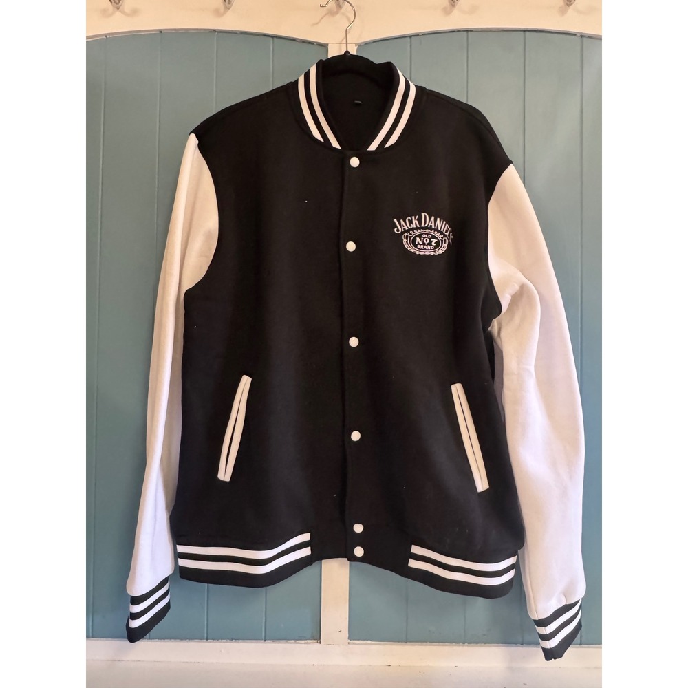Jack Daniels Old No 7 Varsity Bomber Jacket Mens 2XL Black White Snap Front Logo